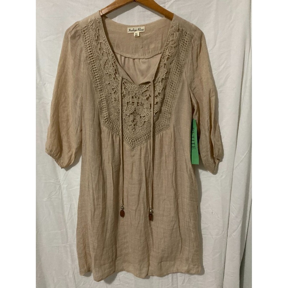 NWT Indigo Rose Mini Dress Womens Size PS Beige Core Boho Travel Resort Accent